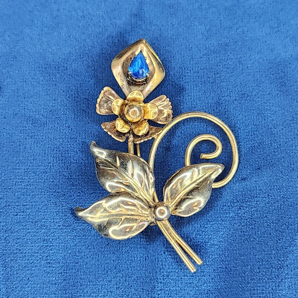 Barclay 1/20 12k Gold Filled Blue Rhinestone Art Nouveau Floral Brooch Pin